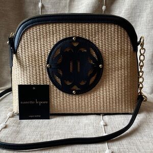 Nanette Lepore Black and Tan Rattan Woven Straw Crossbody Bag